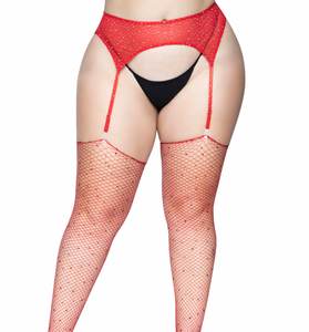 Rhinestone Fishnet Stockings - 1x/2x - Red LA-9124XRED1X2
