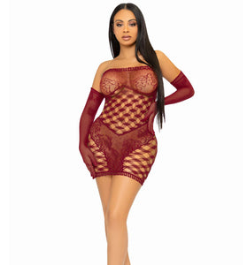 2 Pc Hardcore Net Tube Dress With Gloves - One Size - Burgundy LA-86136BUROS