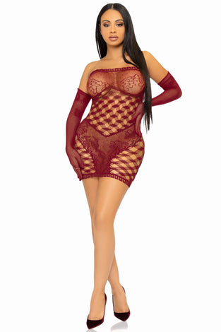 2 Pc Hardcore Net Tube Dress With Gloves - One Size - Burgundy LA-86136BUROS