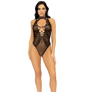 Net and Lace Keyhole Halter Bodysuit - One Size -  Black LA-89307BLKOS