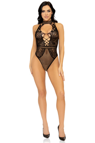 Net and Lace Keyhole Halter Bodysuit - One Size -  Black LA-89307BLKOS