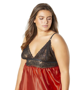 Lace Cup Satin Empire Body Babydoll With Contrast Color Piping + G-String - Black/red - 3x4x OH-75-10873X-BRD3X4X