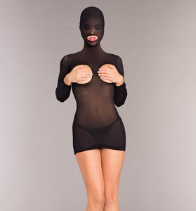 Opaque Cupless Hooded Minidress - One Size -  Black BW-B102