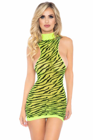 Neon Zebra Racer Back Mini Dress - One Size - Neon Yellow LA-86159NYLWOS