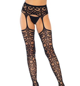 Scroll Lace Stockings With Attached Garter Belt -  One Size - Black LA-1780BLK