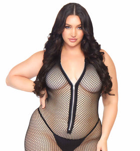 Fishnet Zip Up Halter Mini Dress - 1x/2x - Black LA-86086XBL1X2
