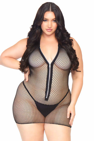 Fishnet Zip Up Halter Mini Dress - 1x/2x - Black LA-86086XBL1X2