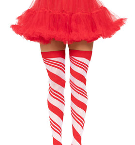 Candy Cane Thigh High - One Size - White/red LA-6628WHTRED