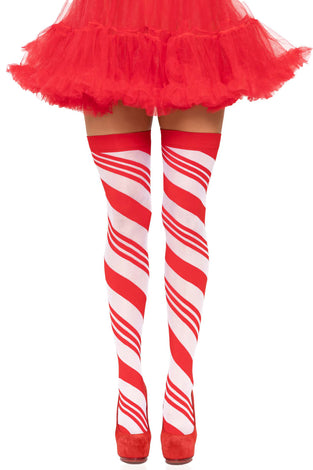 Candy Cane Thigh High - One Size - White/red LA-6628WHTRED