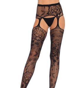 Floral Lace Stockings With Attached Waist Garterbelt - Black - One Size LA-1082