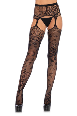 Floral Lace Stockings With Attached Waist Garterbelt - Black - One Size LA-1082