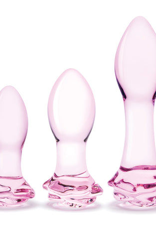 3 Pc Rosebud Butt Plug Set - Pink GLAS-SET-07