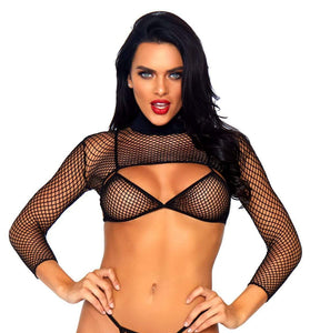 3 Pc. Industrial Net Bikini Top Thong and Long  Sleeved Crop Top - One Size - Black LA-81583BLK