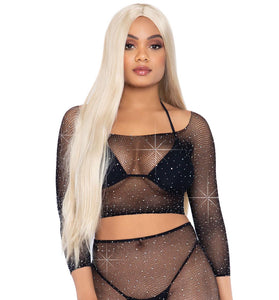 2 Pc Rhinestone Fishnet Crop Top and Biker  Shorts - Black - One Size LA-81608BLK