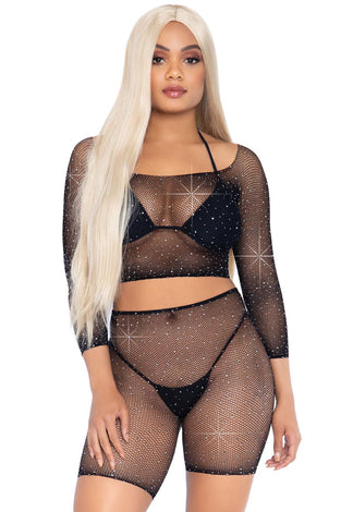 2 Pc Rhinestone Fishnet Crop Top and Biker  Shorts - Black - One Size LA-81608BLK