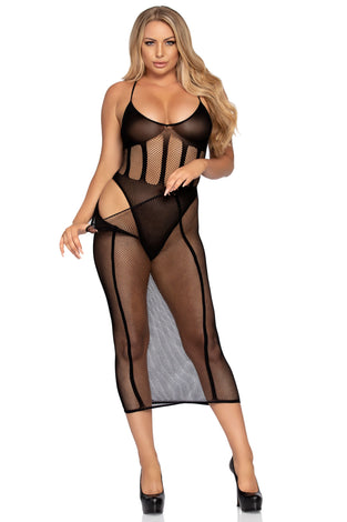 2 Pc. Net Bodysuit and Matching Skirt - Black LA-86967BLK