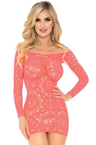 Crochet Lace Long Sleeve Mini Dress - Coral - One Size LA-86794COR