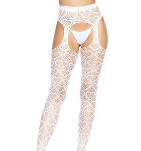 Heart Net Suspender Pantyhose - One Size - White LA-1958WHTOS