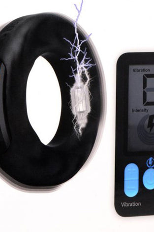 E-Stim and Vibrating Silicone Cock Ring 45mm With  Remote Control - Black ZE-AG932