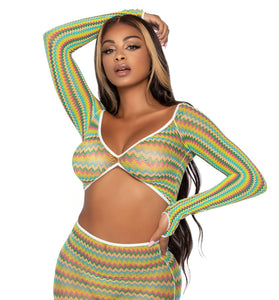 2 Pc Zig Zag Net Crop Top and Mini Dress - One  Size - Green LA-81629GRNOS