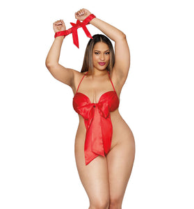 Bow Tie Teddy With Restraint - Queen Size - Lipstick Red DG-12673LRDQ