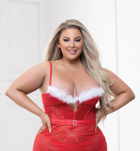 Two Piece Lace and Stretch Satin Chemise With  Marabou Trim and G-String Set - 1x/2x - Red STM-11356XR1X2