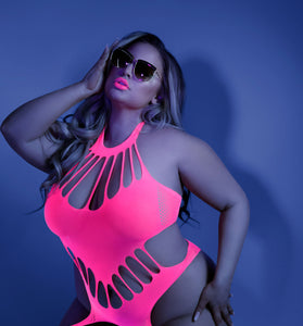 No Promises Teddy Bodystocking - One Size - Neon  Pink FL-GL2111-QS-B