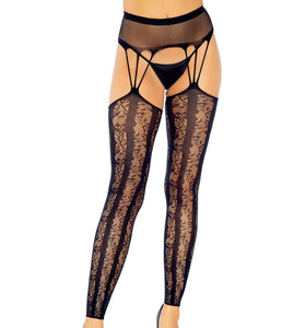 Lace Footless Stockings With Attached Fishnet Garter Belt - Black LA-7813BLK