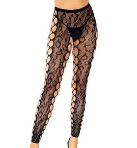 Footless Leopard Lace Crotchless Tights - Black LA-7812BLK