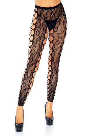Footless Leopard Lace Crotchless Tights - Black LA-7812BLK
