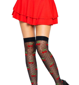 Sheer Polka Dot Cherry Thigh Highs - One Size - Black/red LA-6638BKRDOS