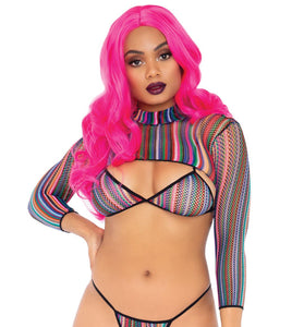 3 Pc Fishnet Bikini G-String and Crop Top - One Size - Multicolor LA-81607MULTI