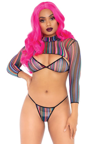 3 Pc Fishnet Bikini G-String and Crop Top - One Size - Multicolor LA-81607MULTI