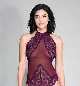 High Neck Scalloped Trim Lace Teddy With Sheer  Back - One Size - Burgundy ML-80055BUROS