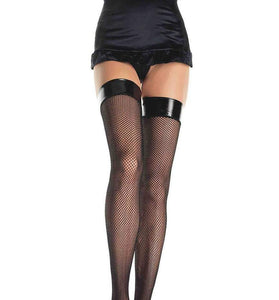 Vinyl Top Fishnet Thigh Highs - One Size - Black LA-8291BLK