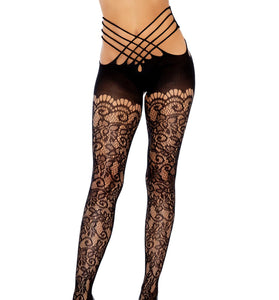 Vine Lace Strappy Wrap Around Crotchless Tights - One Size - Black LA-9915BLK
