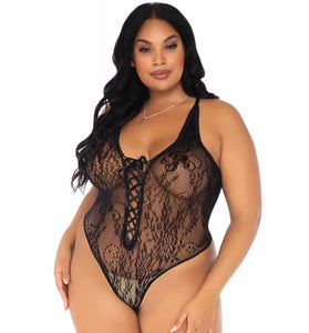 Floral Lace Thong Teddy - 1x/2x - Black LA-89248XBL1X2