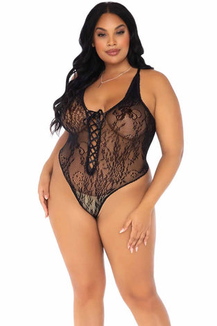 Floral Lace Thong Teddy - 1x/2x - Black LA-89248XBL1X2