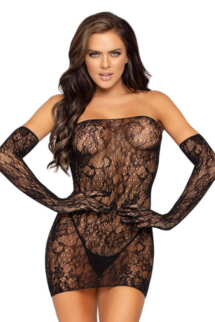 2 Pc. Lace Tube Dress and Gloves - One Size -  Black LA-86957