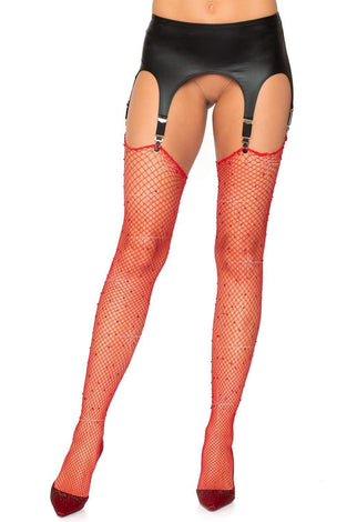 Rhinestone Fishnet Stockings - One Size - Red LA-9124RD