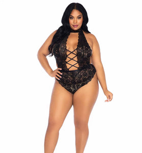 Floral Lace Crotchless Teddy - 1x/2x - Black LA-89245XBL1X2