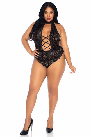Floral Lace Crotchless Teddy - 1x/2x - Black LA-89245XBL1X2