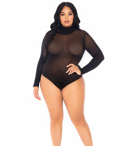 Opaque High Neck Long Sleeve Bodysuit With Snap  Crotch - 1x/2x - Black LA-89228XBL1X2