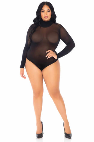 Opaque High Neck Long Sleeve Bodysuit With Snap  Crotch - 1x/2x - Black LA-89228XBL1X2