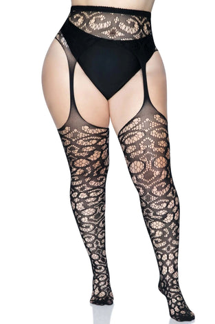 Scroll Lace Stocking With Attached Garter Belt -  1x/2x - Black LA-1780XBLK1X2