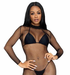 Ultra Net Long Sleeve High Neck Mini Dress - One   Size - Black LA-86799BLKOS