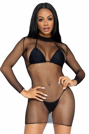 Ultra Net Long Sleeve High Neck Mini Dress - One   Size - Black LA-86799BLKOS