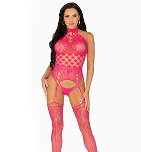 High Neck Halter Hardcore Net and Lace Suspender Bodystocking - One Size - Raspberry LA-89309RASOS