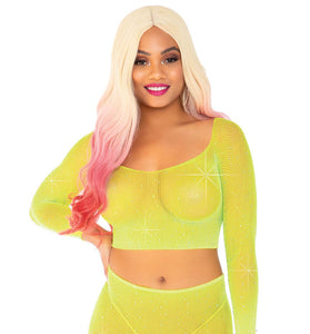 2 Pc Rhinestone Fishnet Crop Top and Biker  Shorts - One Size - Neon Yellow LA-81608NY