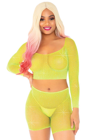 2 Pc Rhinestone Fishnet Crop Top and Biker  Shorts - One Size - Neon Yellow LA-81608NY